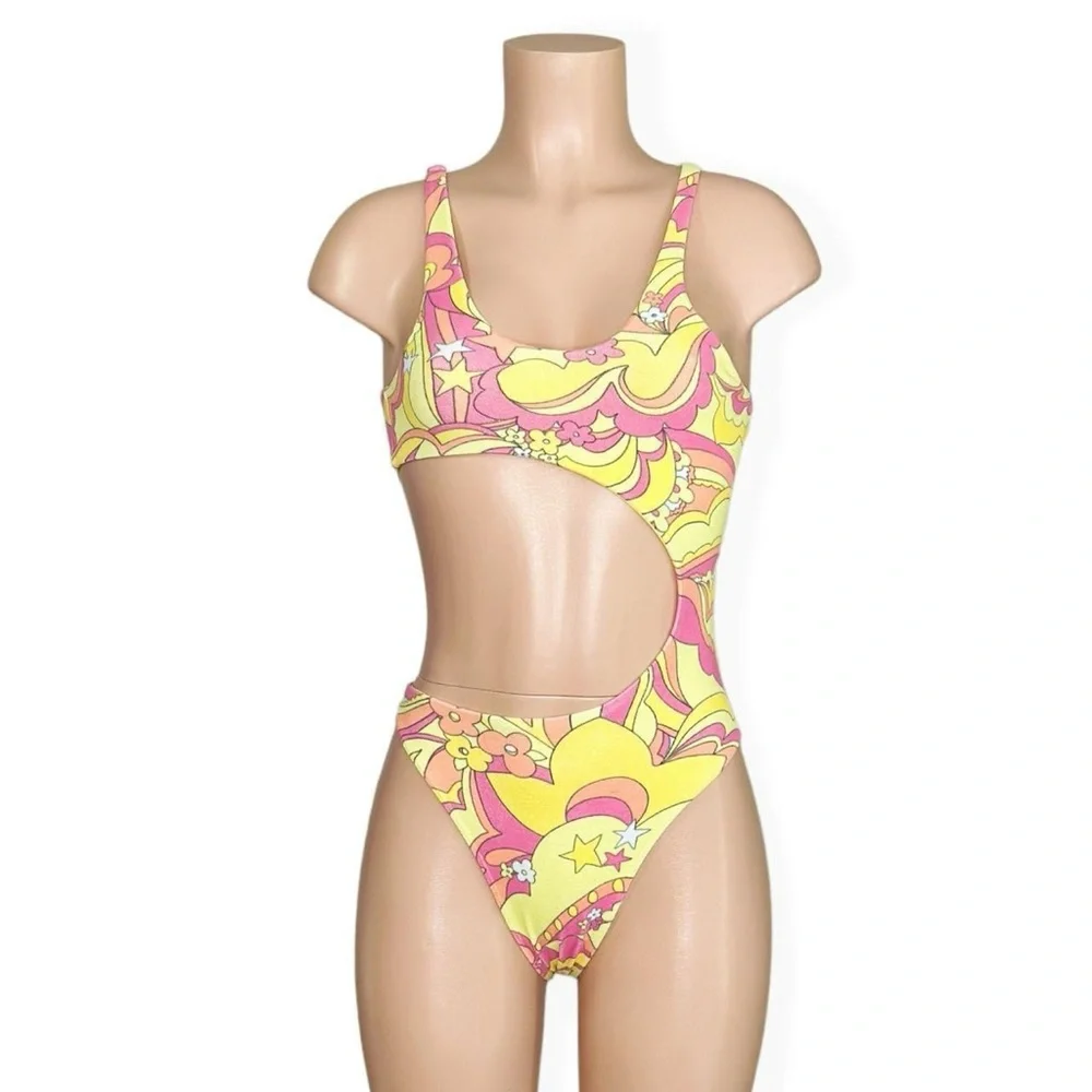 NEW FRANKIES BIKINIS Makie Terry One Piece Swim, Peace Terry, XS